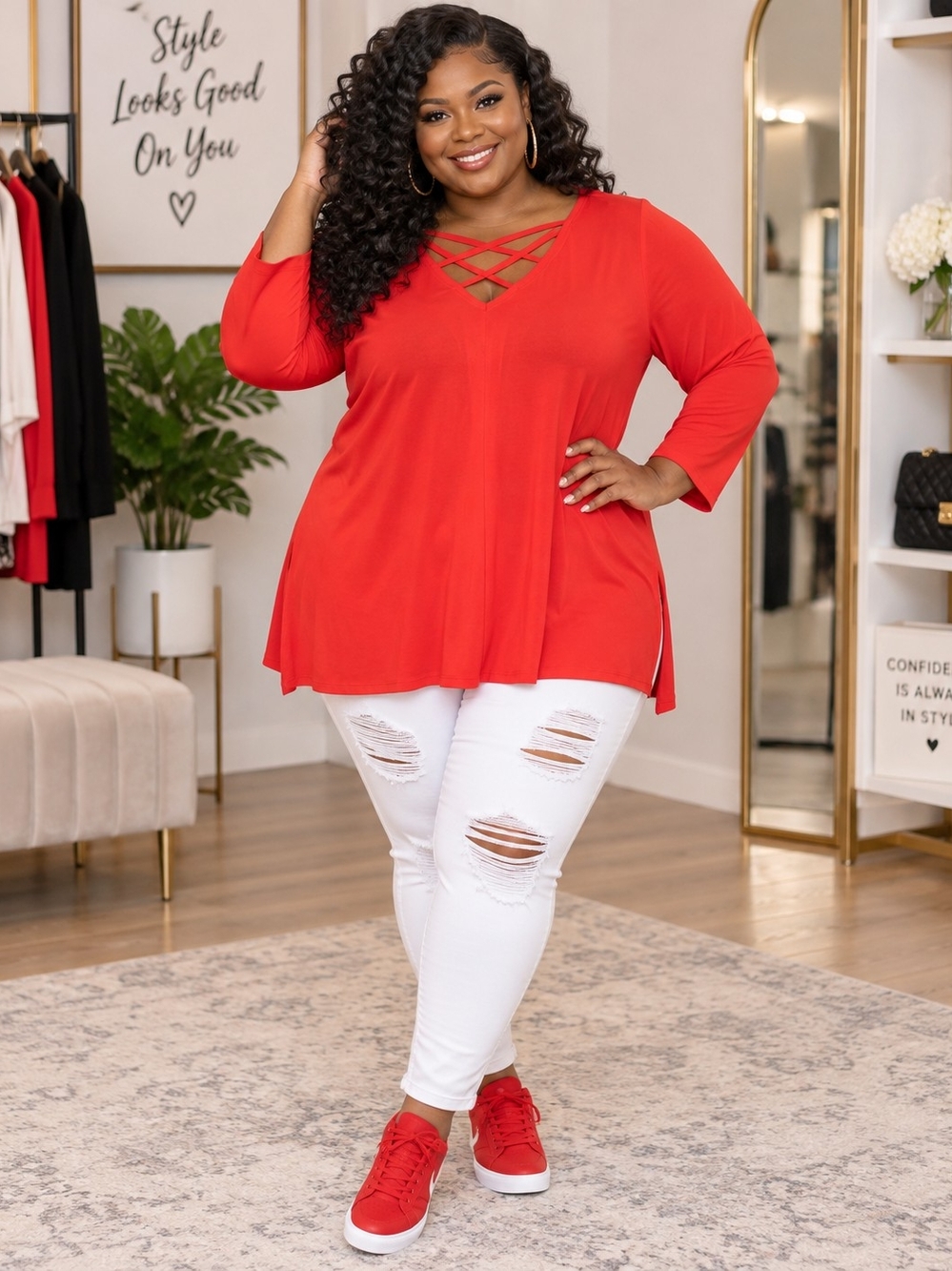 Red Women's Crisscross V-Neck Tunic Top
